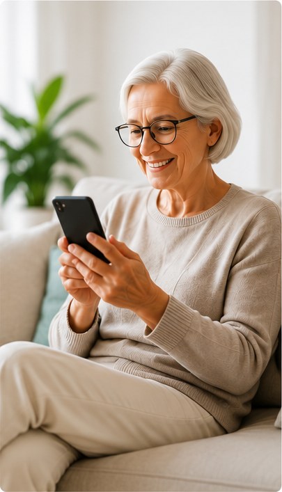 Older woman smiling while using HealthLog on her phone at home