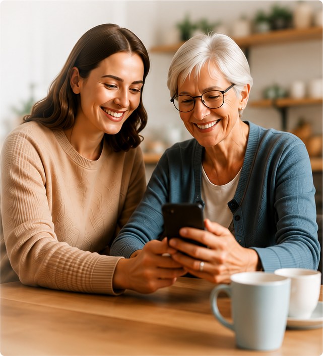 Daughter and older mother smiling while looking at a phone together